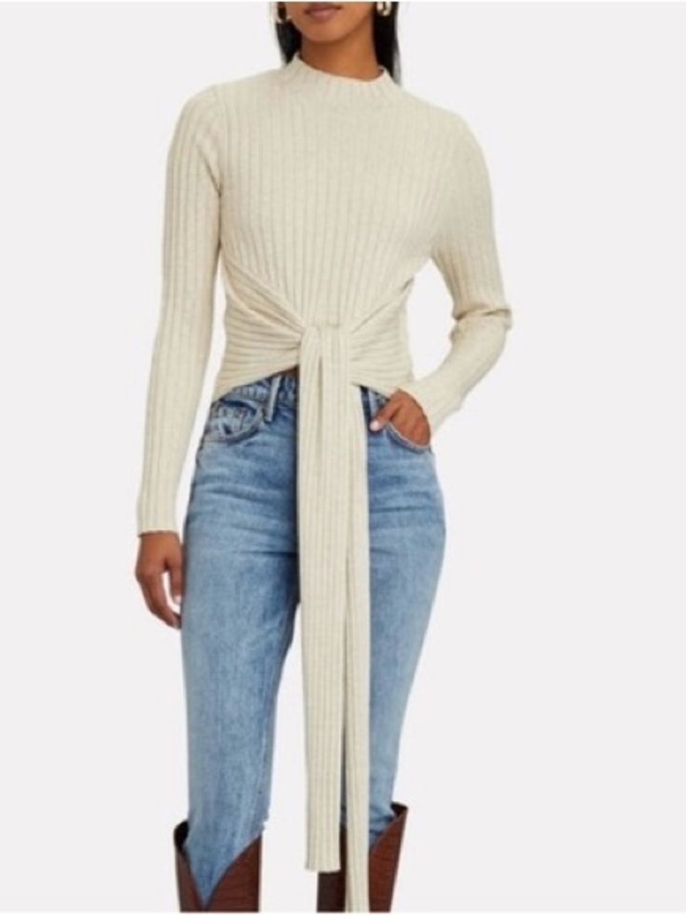 Significant Other Goldie Mock Neck Tie-Front Sweater Cream Gold Rib-Knit